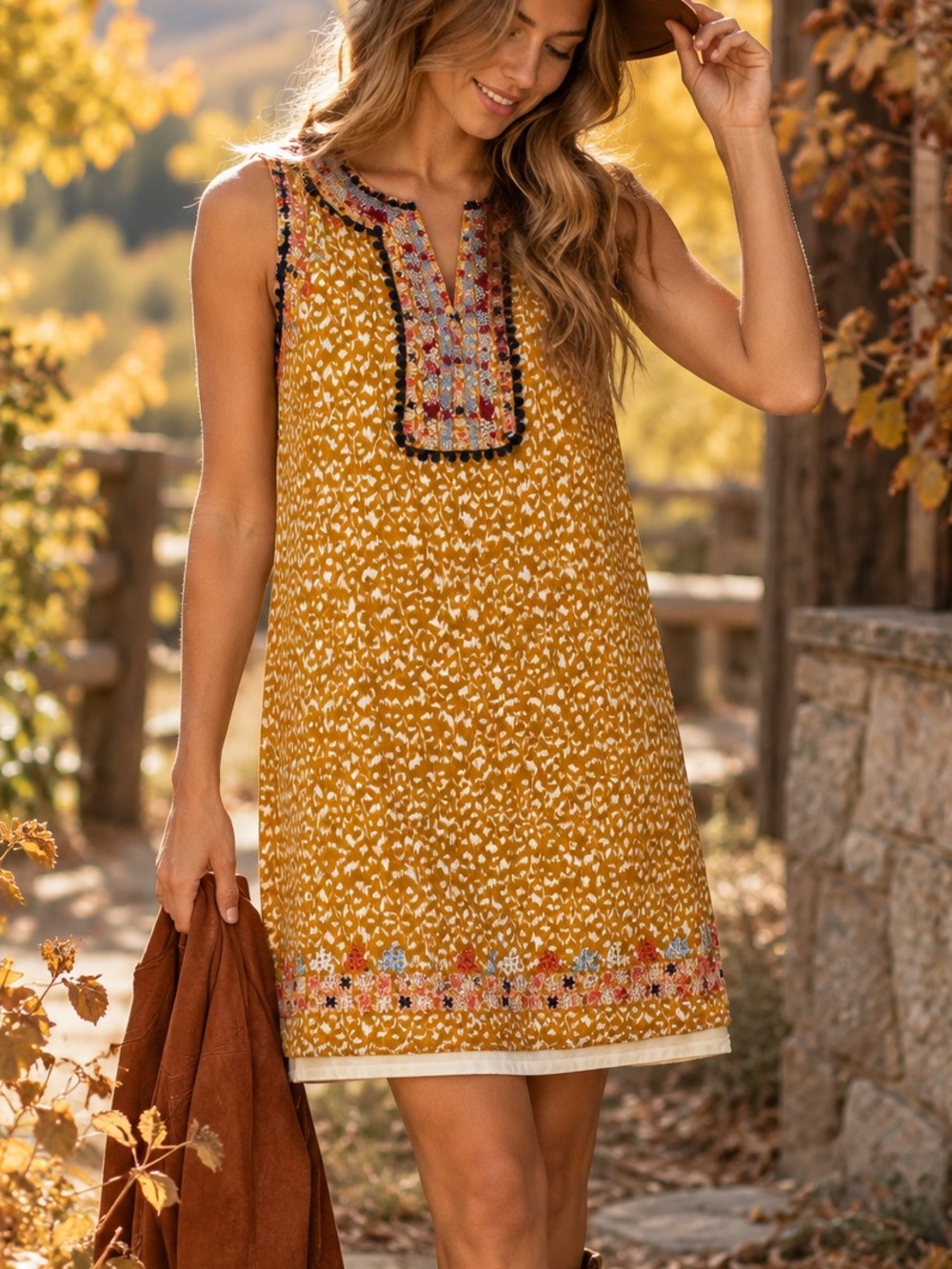THML Mustard Embroidered Shift Dress Small Boho Tribal Pom Pom Sleeveless